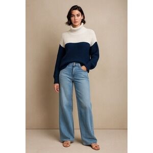 NWT French Connection Mozart Chunky Knit Turtleneck Sweater Navy/Oatmeal M